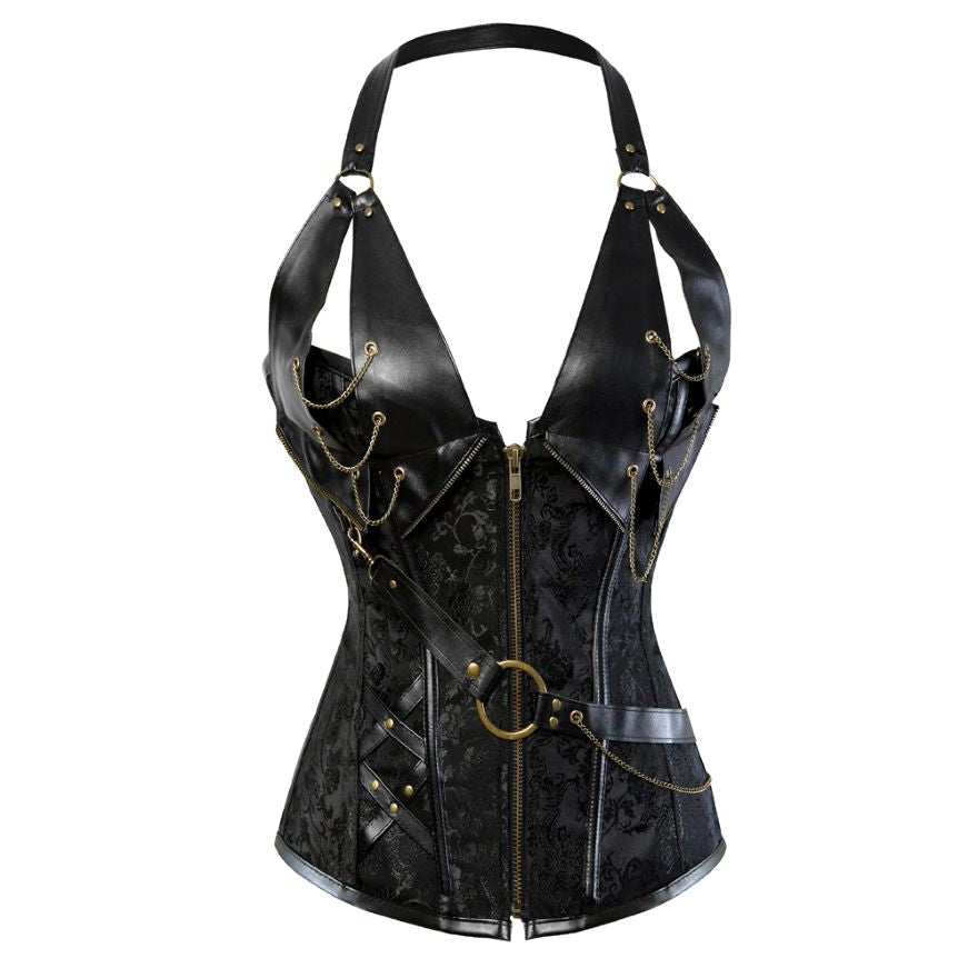 Women Gothic Steampunk Corset Dress Pirate Costume PU Leather Corset Bustier Lingerie Top With Asymmetric Floral Lace Skirt Set
