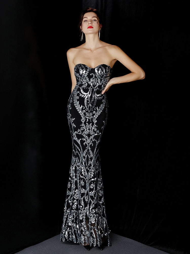 Asymmetrical Bright Long Dress Party Etiquette Celebration Evening Dress Strapless Mermaid Robe De Soriee Sexy Sequins Gown