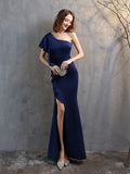 One-shoulder Elegant Long Night Party Dress Christmas Festival Evening Vestidoes Side Slit Lotus Short Sleeve Taffeta Prom Gown