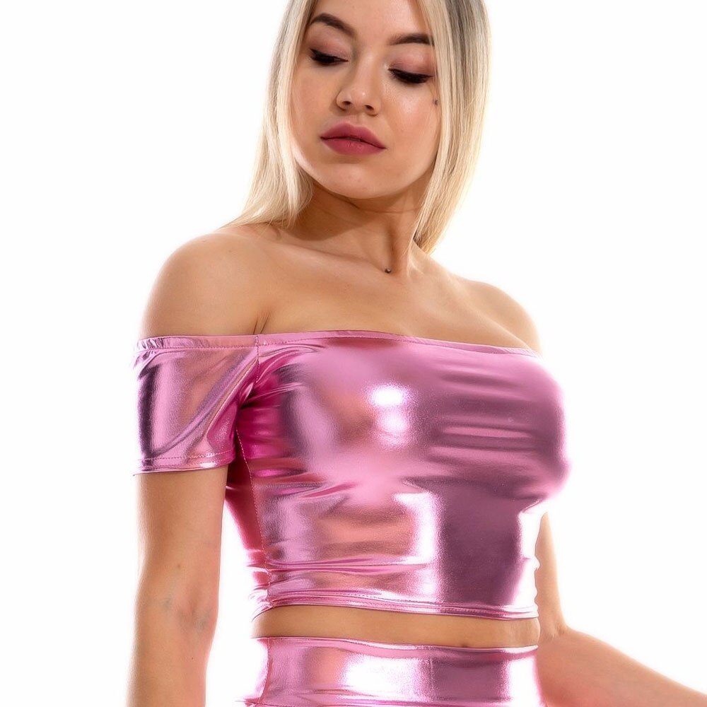 Sexy Slash Neck Off Shoulder Metallic Crop Glitter Holographic Tank Top Short Vest Rave Festival Clubwear