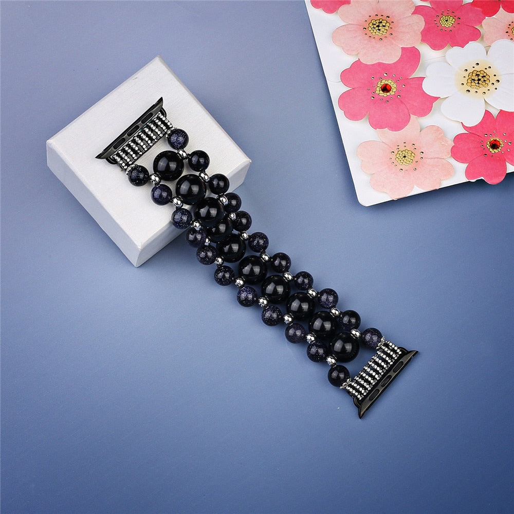 Band for Apple Watch iWatch Series 5 4 3 2 1 Fashionable Black Beaded Faux Agate Women Replacement Bracelet 38 42 40 44 mm Strap