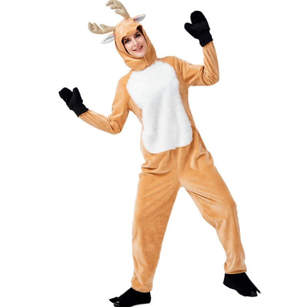 4Pcs Set Adult Women Christmas Outfit Flannel Reindeer Elk Jumpsuit cosplay Xmas Eve Dinner Home Costume Party Clothes