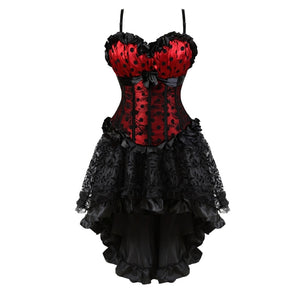 Women Gothic Sexy Lace Trim Corset Dress Vintage Print Dot Cup Straps Corset Bustier Top With Asymmetrical Floral Skirt Set