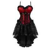 Women Gothic Sexy Lace Trim Corset Dress Vintage Print Dot Cup Straps Corset Bustier Top With Asymmetrical Floral Skirt Set