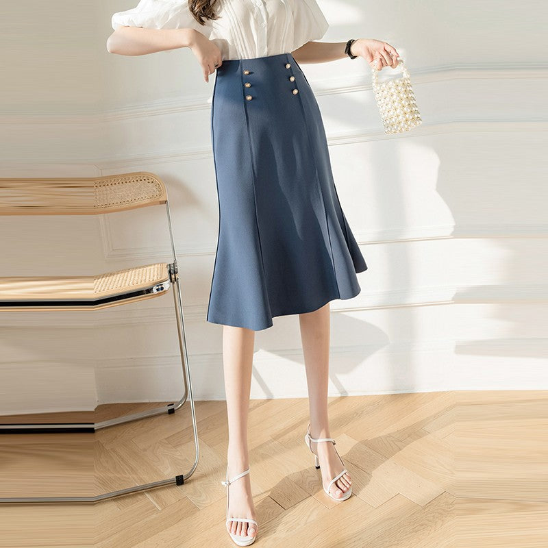 Office Lady Elegant Mermaid Skirts Fashion Korean Style Double Breasted Women A-line Long Skirt