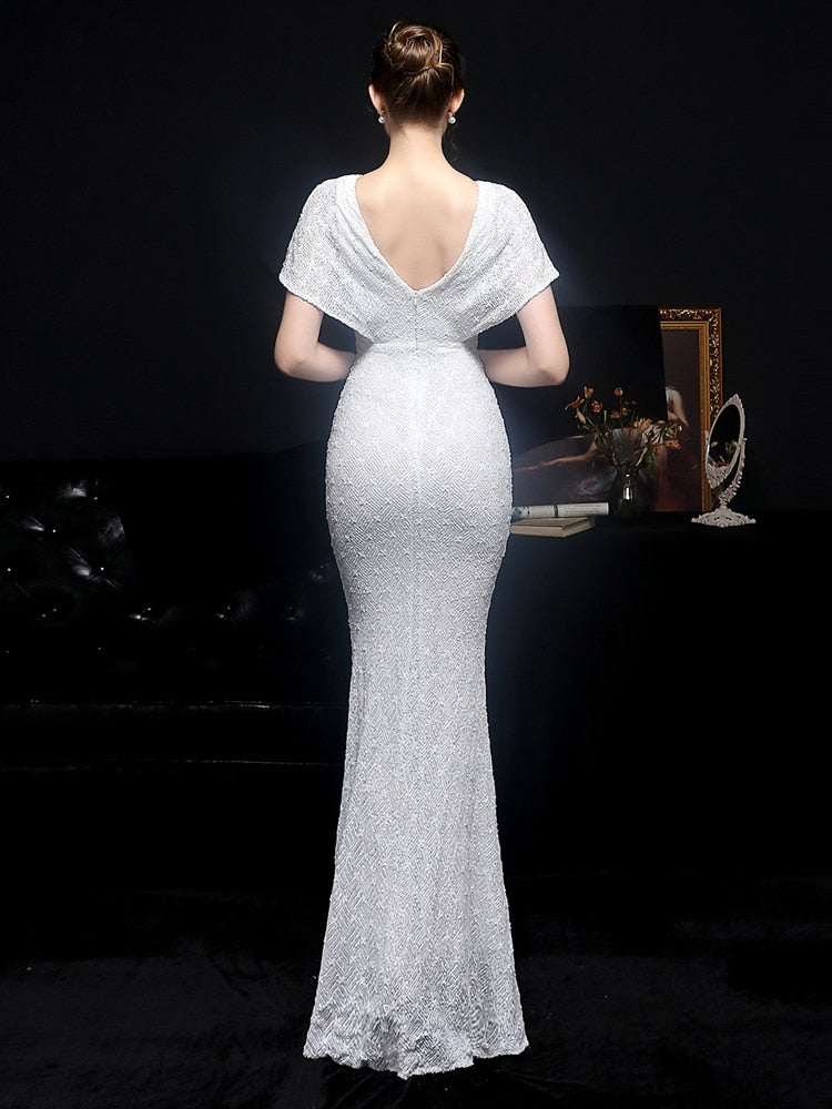 Women White Sequin Dress V Neck Beaded Party Dress Elegant Prom Dress