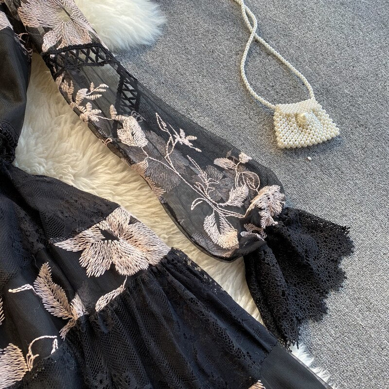 Banulin Fashion Runway Dress Spring Autumn Women's Dress O-Neck Flare Sleeve Flowers Embroidery Elegant Lace Long Dresses