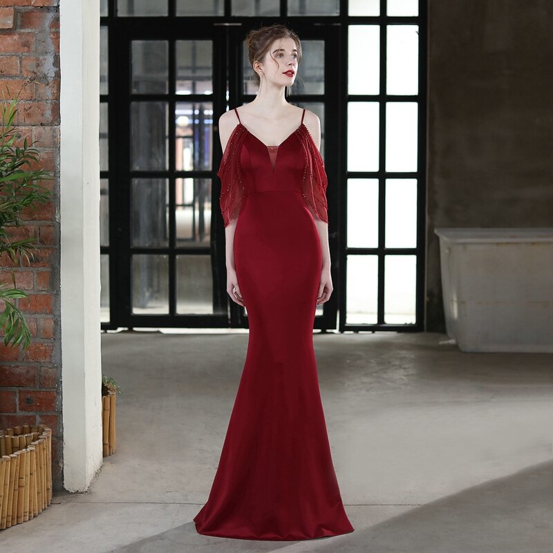 Elegant Beads Black Evening Dress Women's Strap Dress Long Party Dress
