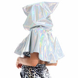 Shiny PU Leather Holographic Cape Unisex Cosplay Metallic Death Cape Short Hooded Rave Festival Cloak Hat Halloween Costume