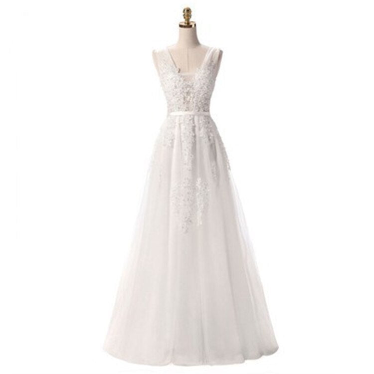 Sexy V-neck Evening Dress Robe De Soiree Tulle With Applique Party Dress Lace Beading Floor-length Prom Dress Bride Banquet Eleg