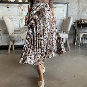 Summer High Waist A-Line Pleated Long Vintage Women Elegant Leopard Snake Printed Maxi Skirt