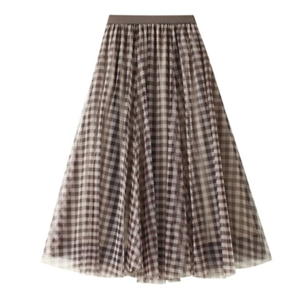 Plaid Summer Women Long Vintage Stretch High Waist A-Line Tulle Maxi Skirt