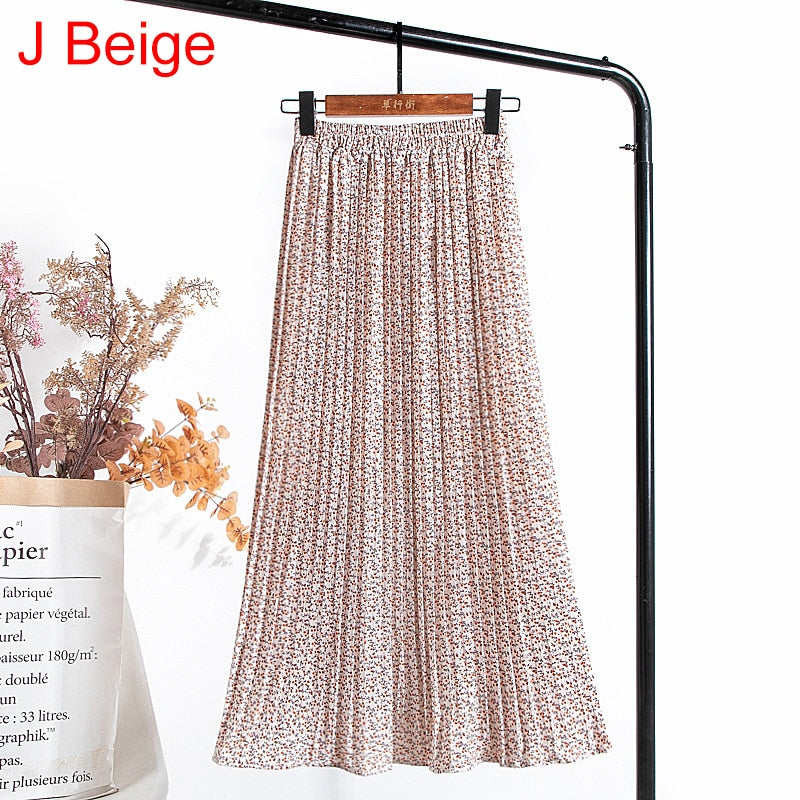 High Waist Floral Print Mid Calf Long Pleated Women Summer Vintage Elegant Chiffon Midi Skirt