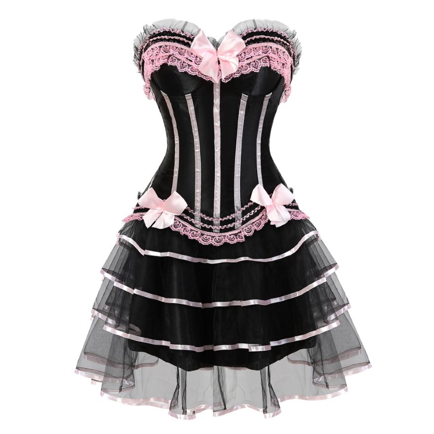 Women Sexy Striped Corset Dress Satin Bow Lace Waist Cincher Corset Bustier Lingerie Top With Mesh Mini Tutu Skirt Set Plus Size