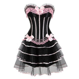 Women Sexy Striped Corset Dress Satin Bow Lace Waist Cincher Corset Bustier Lingerie Top With Mesh Mini Tutu Skirt Set Plus Size