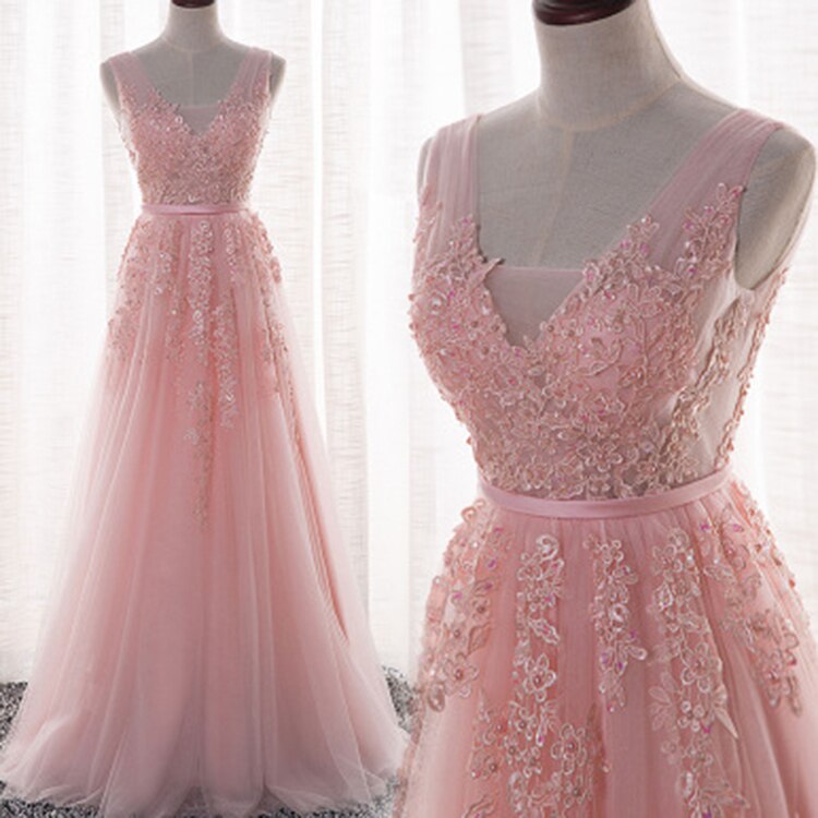 Sexy V-neck Evening Dress Robe De Soiree Tulle With Applique Party Dress Lace Beading Floor-length Prom Dress Bride Banquet Eleg