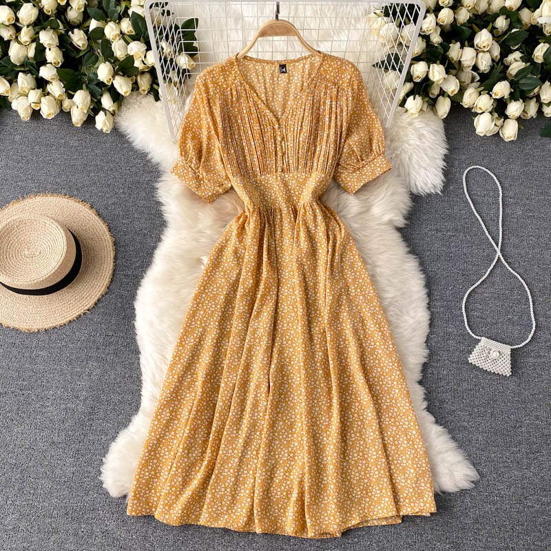 casual chiffon midi dress Elegant Vintage Floral Print Chiffon Midi Dress V Neck Short Sleeve Bu –  jetechband