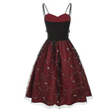 Mesh Embroidery Lace Up Side High Waist Slim Vintage Fit and Flare Elegant Party Pleated Retro Cami Dress