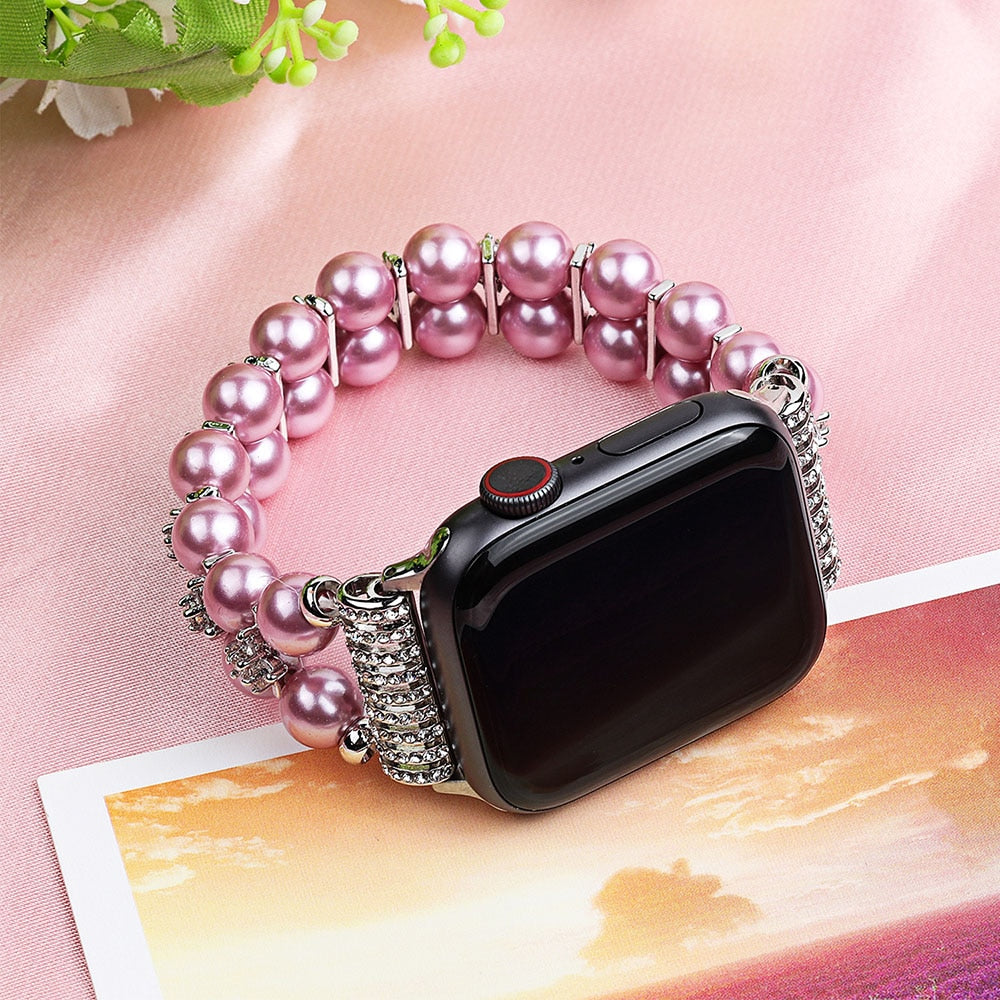 Elegant Watchband Compatible for Apple Watch Band 38mm 40mm 42mm 44mm Pearls Beaded Stretch Bracelet Watch Strap Bands for Women