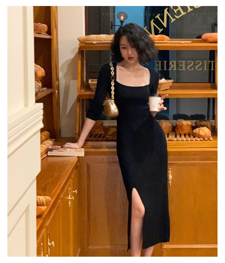 Women Retro Casual Autumn New Sexy Party Knitted Dress Slim Slit Mid-L –  jetechband