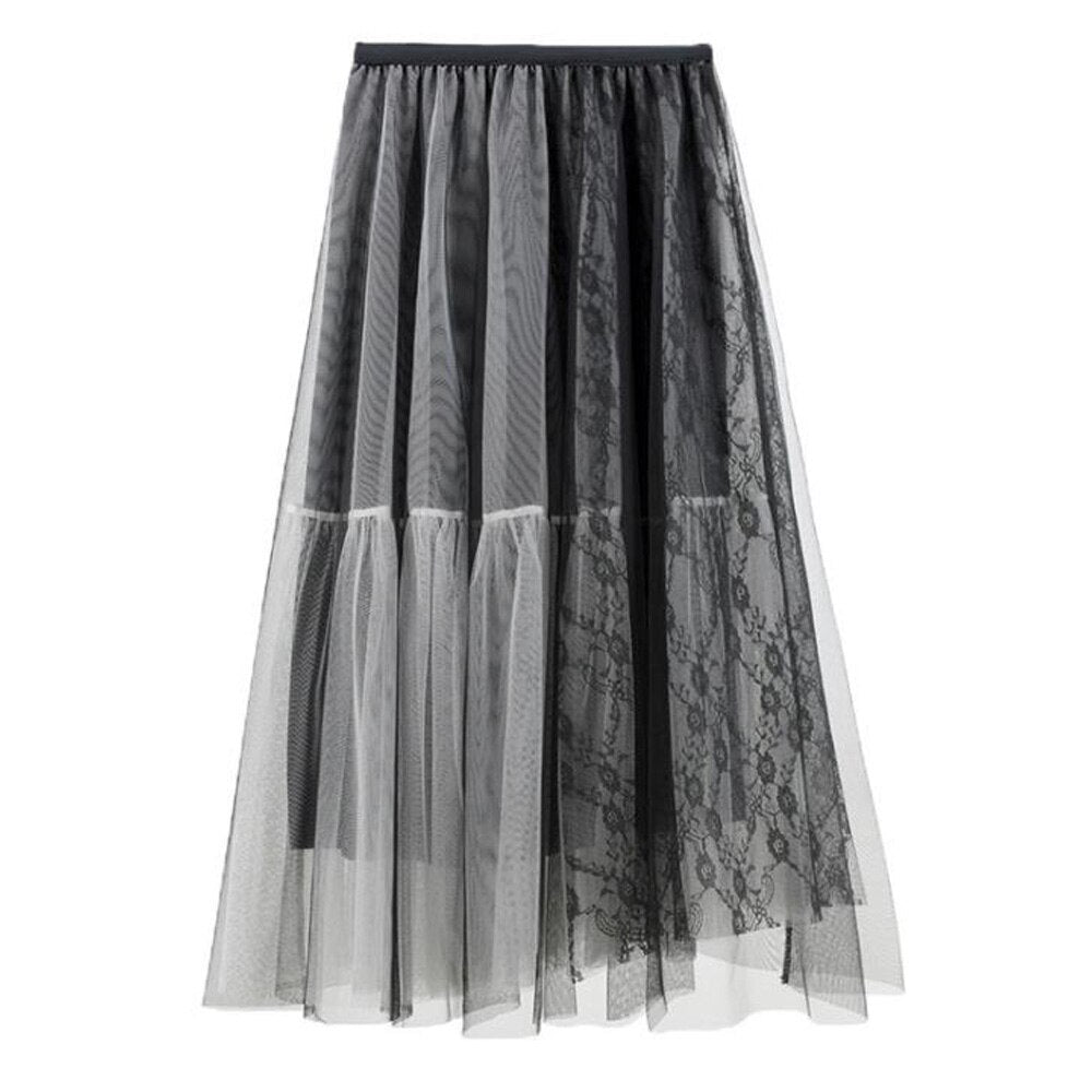 Vintage Large Swing Tulle Women Summer Korean Black Long High Waist A-Line Skirt