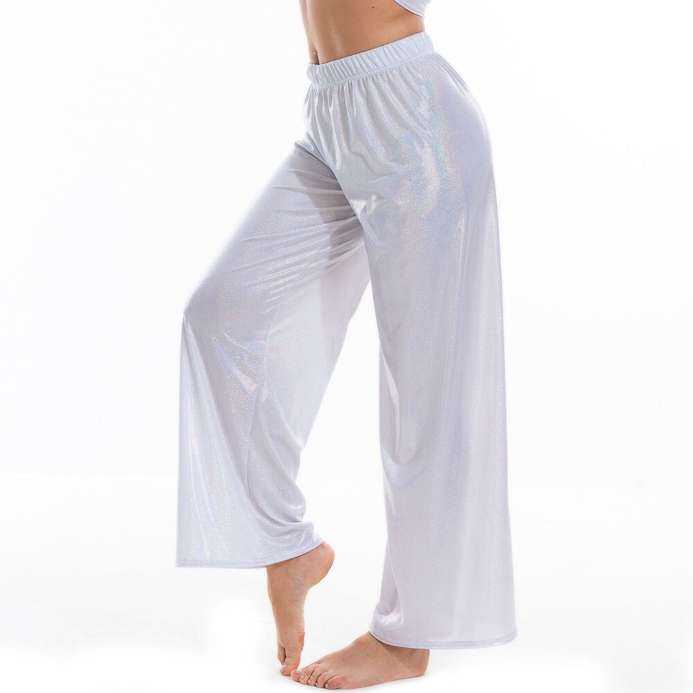 Summer Shiny Women Wide Leg Pants Elastic Waist Loose Casual Metallic Trousers Femme Long Straight Pants Streetwear