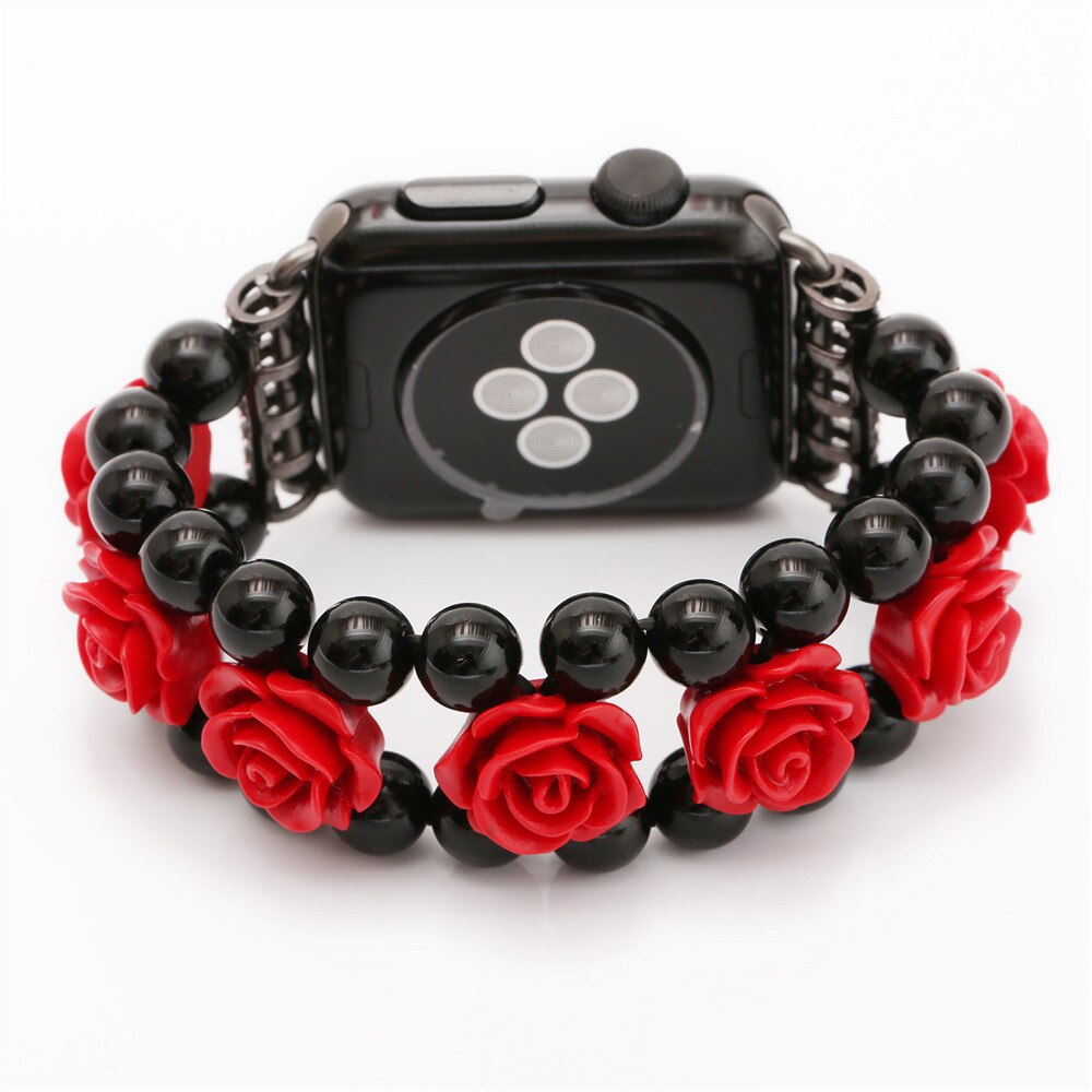 Black Agate Beads Chain Bracelet for Apple Watch Band Series SE/6/5/4/3/2 Women Stylish Carved Strap for iWatch 40/44MM 38/42MM