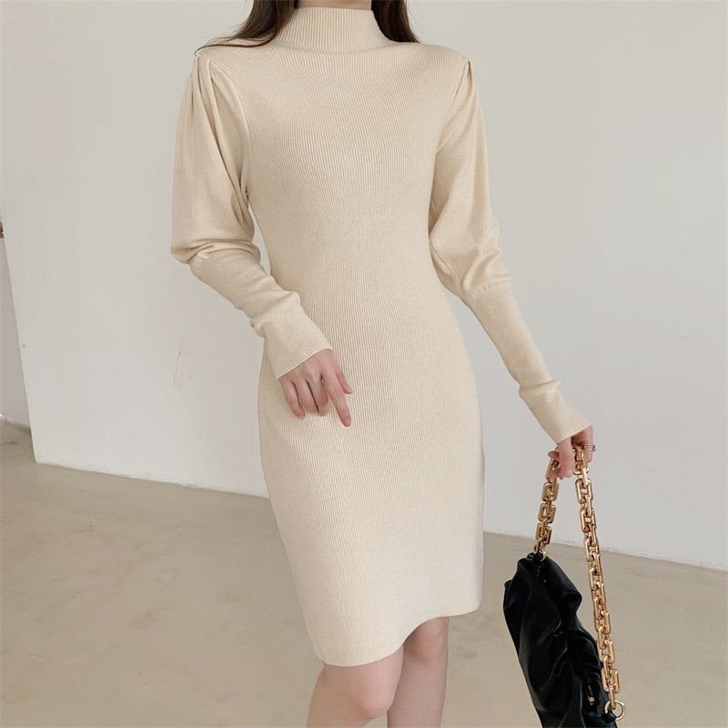 Autumn Winter Fashion Sexy Half High Neck Women's Mini Knit Dress Casual Bodycon Solid Long Sleeve Ladies Dress