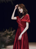Big A-line Evening Dress Burgundy Double V-neck Prom Gown Short Cap-sleeve Party Robe Long Stain Formal Women Custom-made Dress