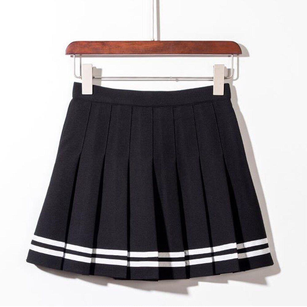 Black Half-Length Summer New Striped Ruffle High Waist A-Line Pleated Skirt With Shorts