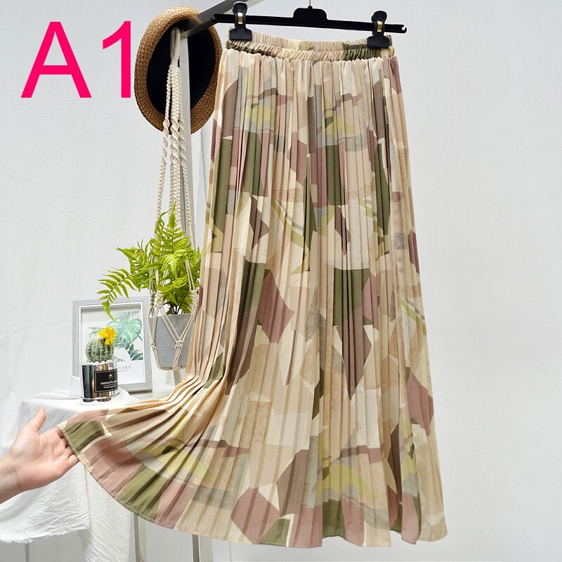 Summer New Vintage Floral Print Chiffon Pleated Skirt Elastic High Waist Casual Midi Skirt