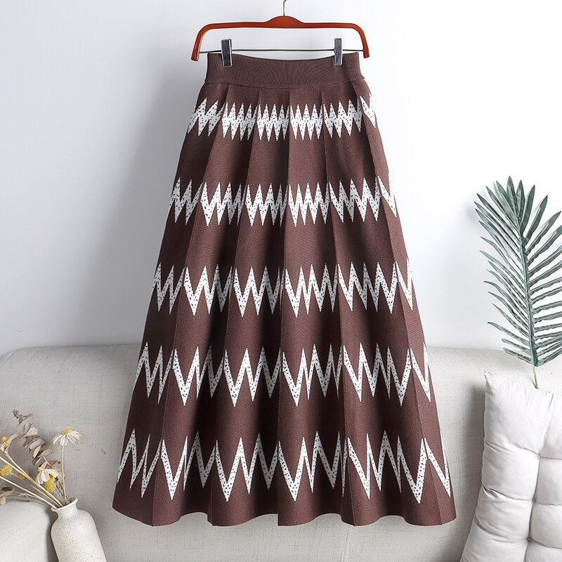 Elegant A Line Women Winter Casual Striped Knitted Skirts Elastic High Waist Casual Midi Long Skirt