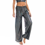 Summer Shiny Women Wide Leg Pants Elastic Waist Loose Casual Metallic Trousers Femme Long Straight Pants Streetwear