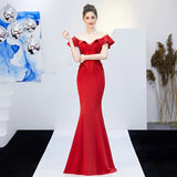 Off Shoulder Elegant Evening Party Dress See-through Appliques Beaded Long Evening Dress