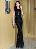 6 Colors Sequin Evening Dress Women See through Sexy Party Maxi Dress Backless Bodycon Dress
