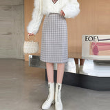 Ladies Elegant Knee-length Pencil Skirts Korean Style Vintage Plaid Woolen High Waist Women Casual Skirt