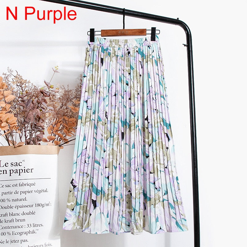Women Chiffon Pleated Skirt Elastic High Waist Summer Print Casual Midi Long Skirt