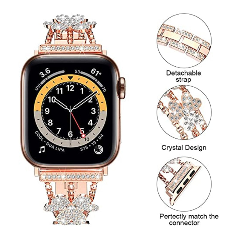 Women's Jewelry Strap For Apple Watch Band SE 6 5 4 40/44mm Flower Diamond Stainless steel Bracelet For iWatch Series 3 38/42mm