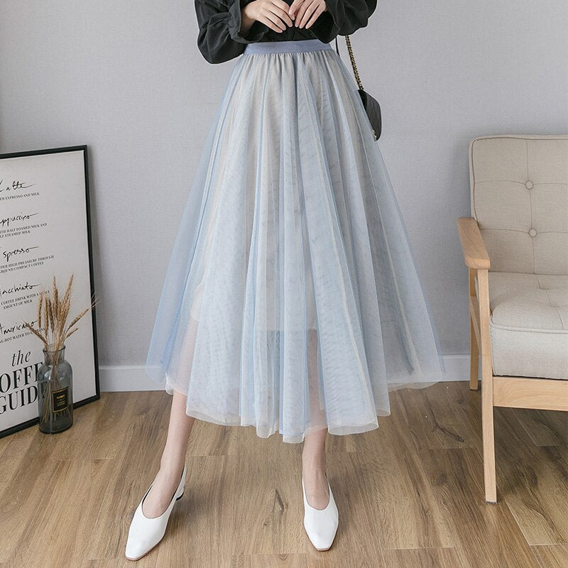 Summer Elastic High Waist Mesh Midi Skirt Ladies Elegant Big Swing A Line Skirt