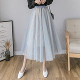 Summer Elastic High Waist Mesh Midi Skirt Ladies Elegant Big Swing A Line Skirt