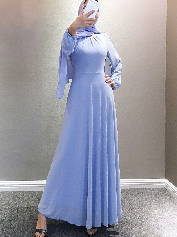 Belt Bow Chiffon Muslim Dress Abaya Dress Plus Size Arab Casual Dress Prom Gowns Robe De Soriee Full-Sleeve O-neck Dress