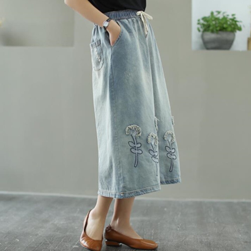 Denim Women A-line High Waist Jeans Midi Skirt Casual Loose Korean Trendy Streetwear
