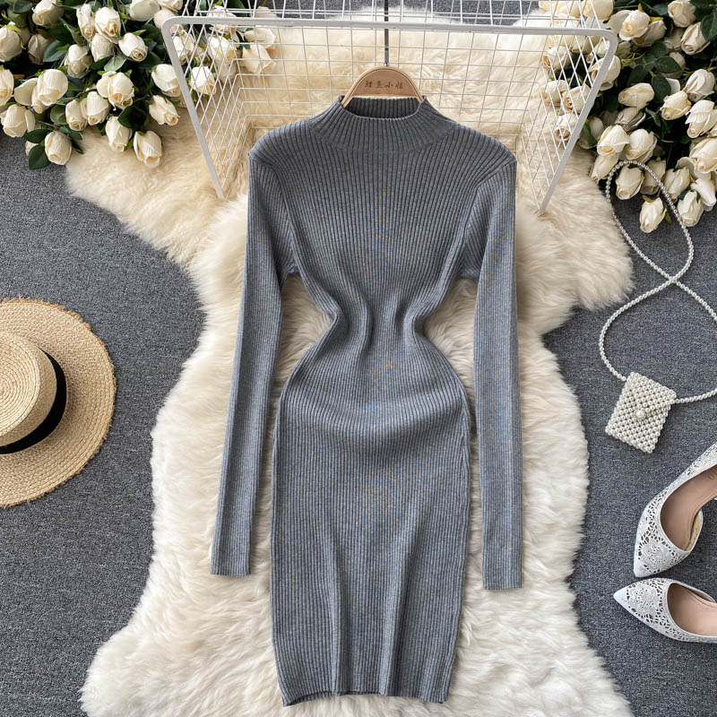 Autumn Winter Women Clothing Mock Neck Long Sleeve Ribbed Knit Sweater Dress Night Club Sexy Mini Knitted Bodycon Dress