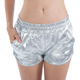 Women Skinny PU Leather Silver Leopard Shorts Summer Shiny Elastic Waist Metallic Booty Club Rave Festival HotPants Bottoms