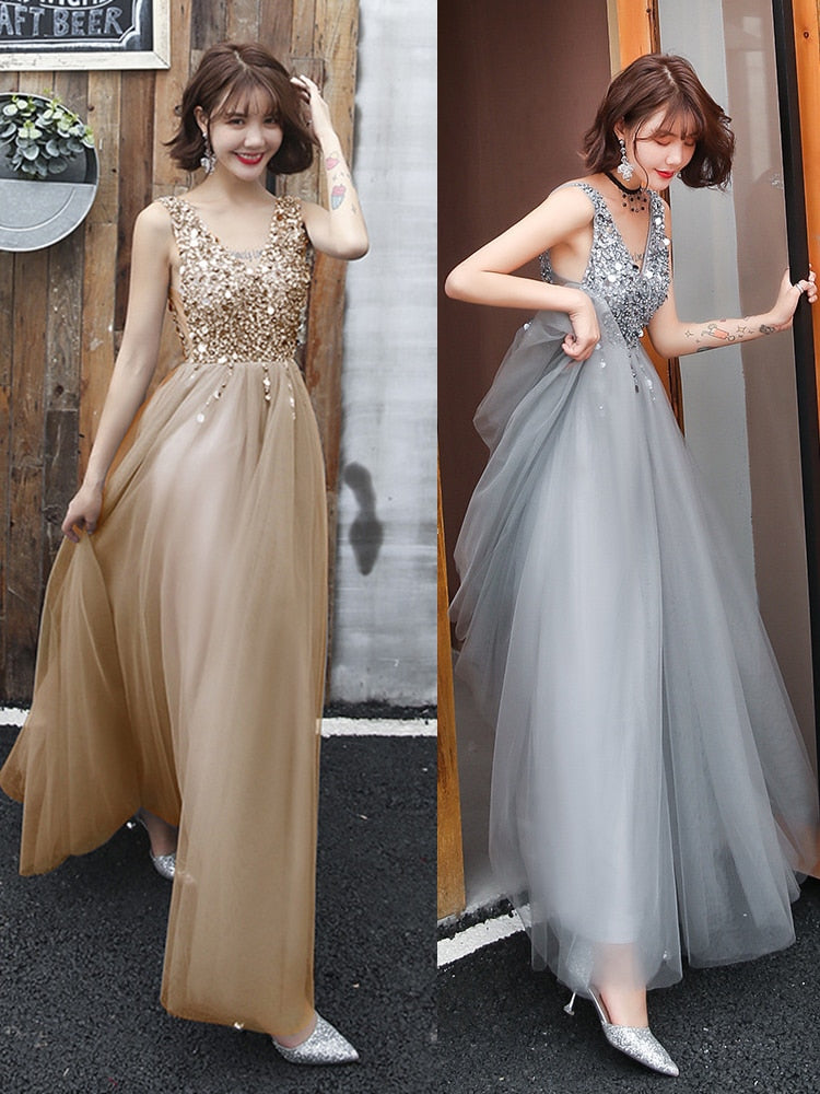 V-Back Beading Evening Dress A-line Tulle Sequins Prom Dress Sleeveless Long Party Dress Silver Grey Homecoming Dress Champagne