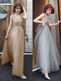 V-Back Beading Evening Dress A-line Tulle Sequins Prom Dress Sleeveless Long Party Dress Silver Grey Homecoming Dress Champagne