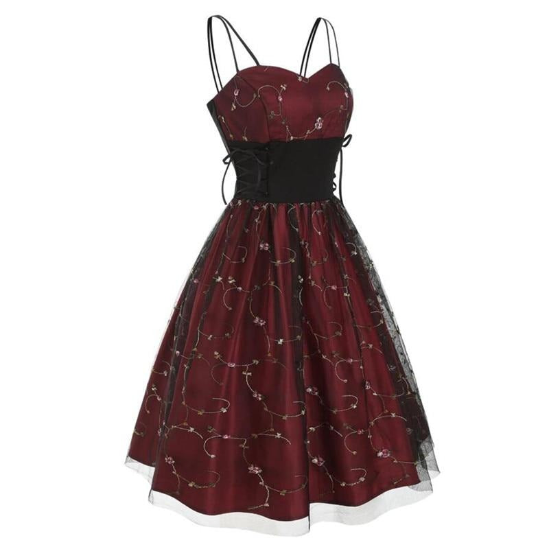 Mesh Embroidery Lace Up Side High Waist Slim Vintage Fit and Flare Elegant Party Pleated Retro Cami Dress