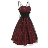 Mesh Embroidery Lace Up Side High Waist Slim Vintage Fit and Flare Elegant Party Pleated Retro Cami Dress