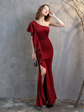 One-shoulder Elegant Long Night Party Dress Christmas Festival Evening Vestidoes Side Slit Lotus Short Sleeve Taffeta Prom Gown