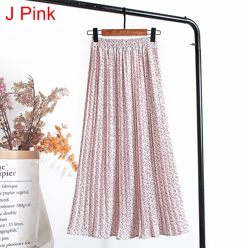 High Waist Floral Print Mid Calf Long Pleated Women Summer Vintage Elegant Chiffon Midi Skirt